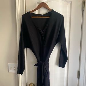 Adrienne Vittadini Ribbed Dress Fit & Flare V-Neck-Lace Trim Tie Belt Black XL